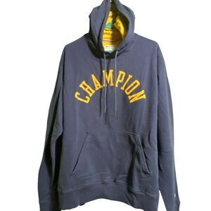 Champion Mens Hoodie Navy Blue Yellow Arched Logo Fleece Pullover Large L